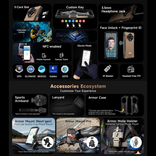  Ulefone Armor X16 Pro, 8 Go + 256 Go, vision nocturne, téléphone robuste IP68/IP69K, écran 6,56 pouces, Android 15, MediaTek Dimensity 6300 Octa Core, réseau : 5G, NFC, OTG (Sand Dune) SU938J531-017